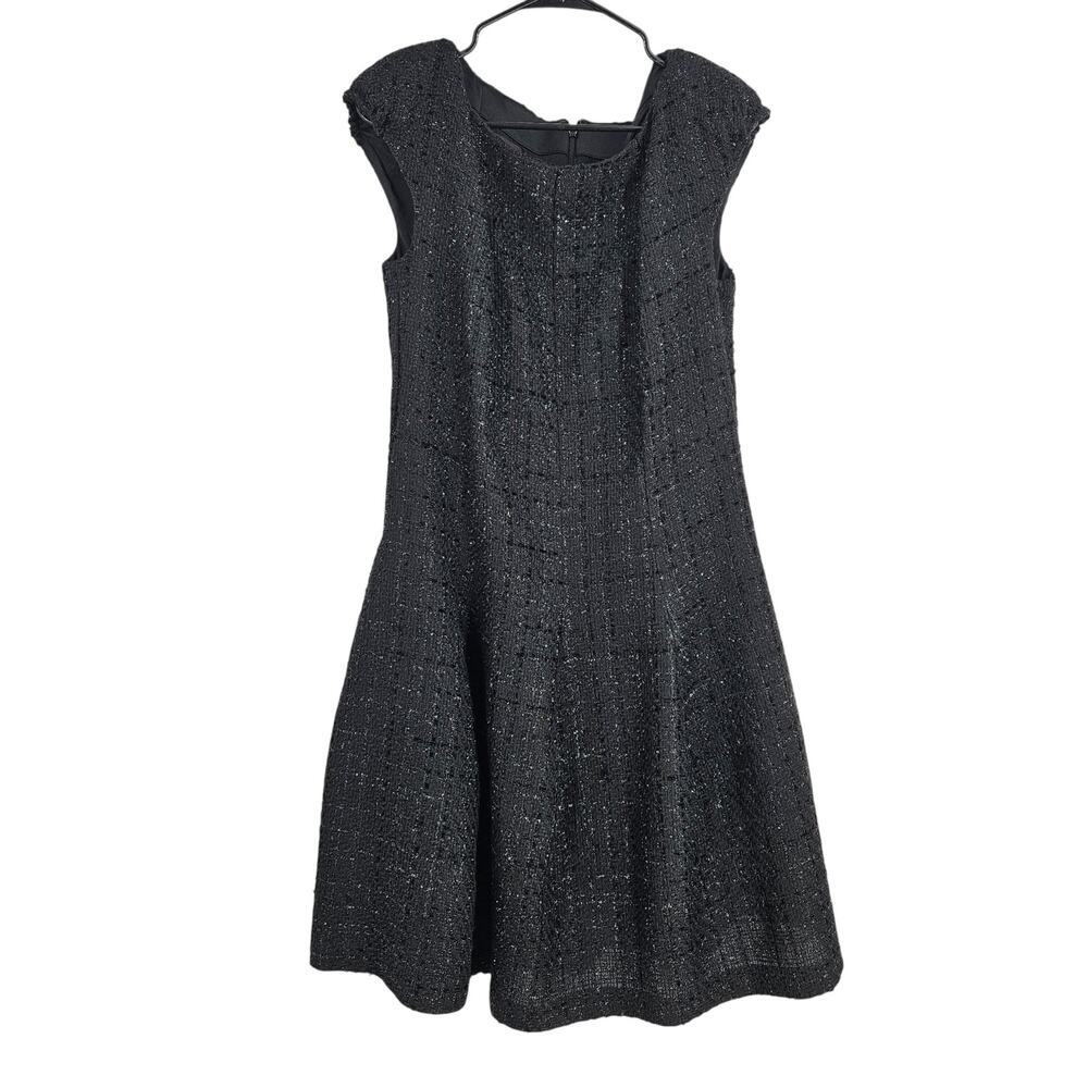 Talbot Runhof Fit & Flare Dress Black Metallic Tweed Wool Cap Sleeve Mini Sz 12